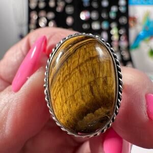 Tiger eye gemstone ring size 8.5 stamp 925 silver plated